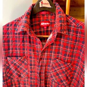 Coleman RED black Plaid Flannel Large Tall MENS Shirt Lumberjack Vintage pockets